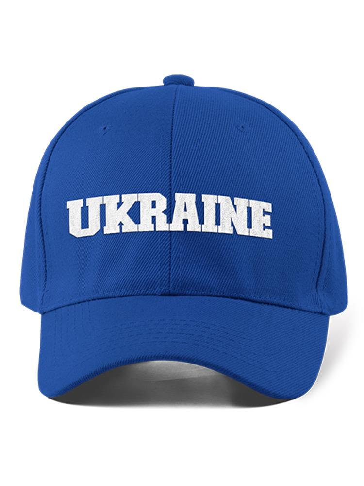 a blue hat with white text