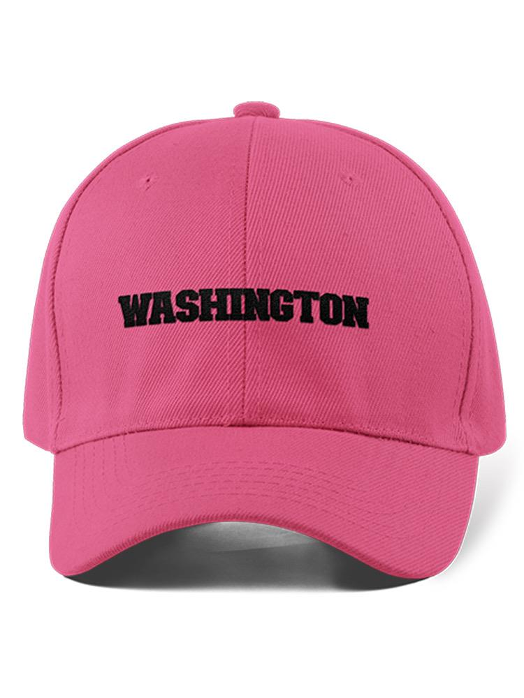 a pink hat with black text