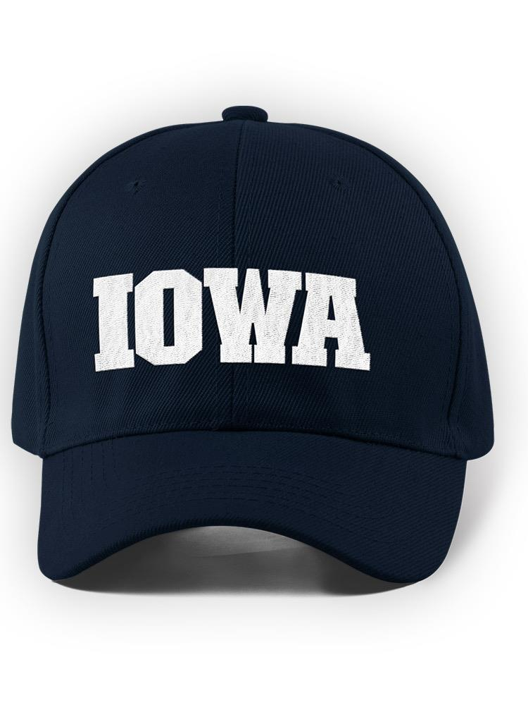 a blue hat with white text