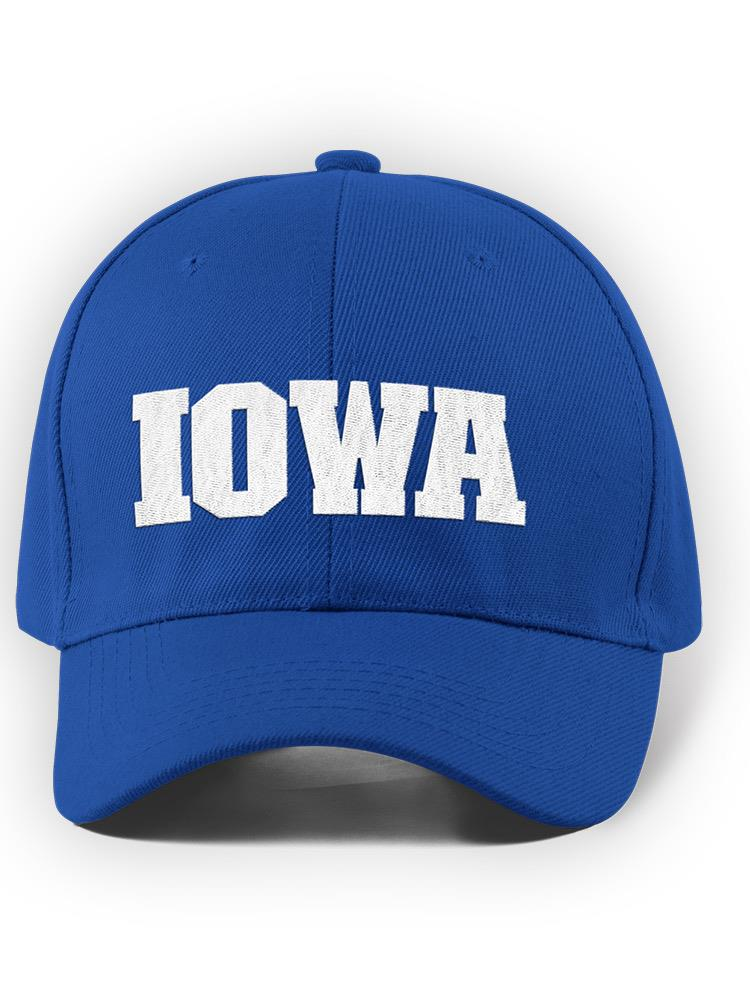 a blue hat with white text
