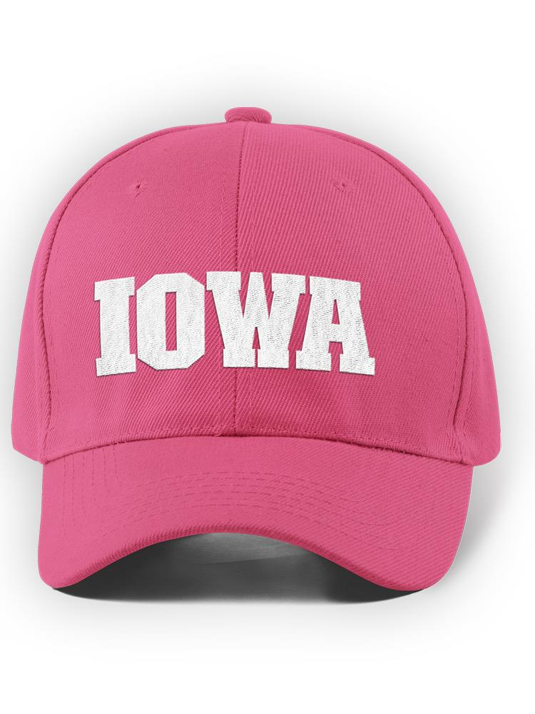 a pink hat with white text