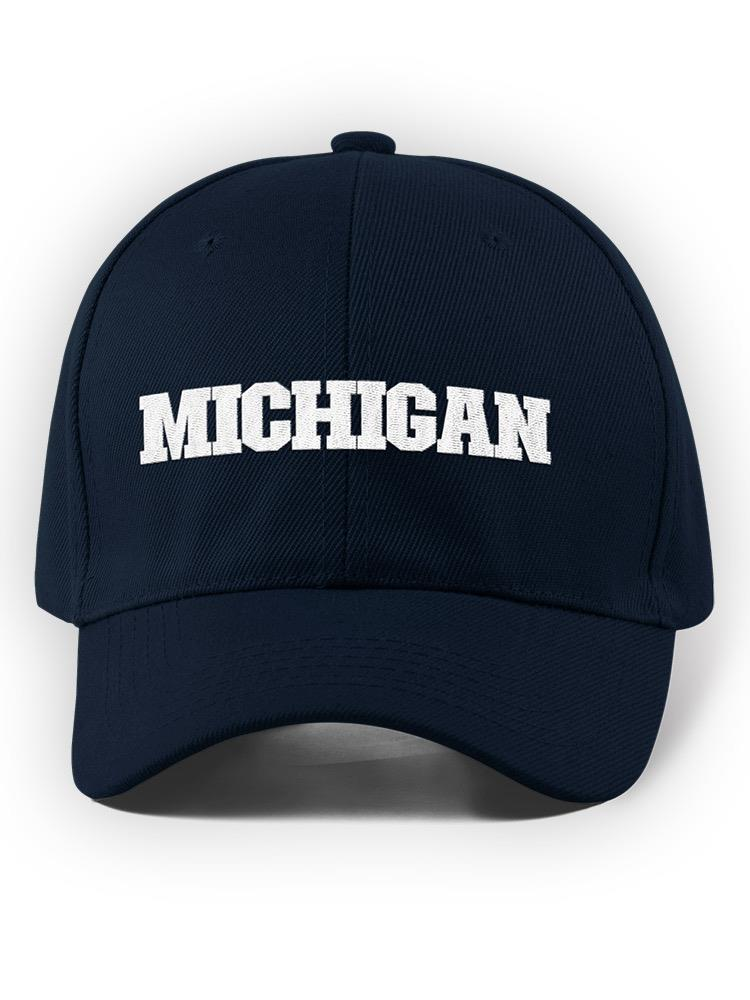 a blue hat with white text