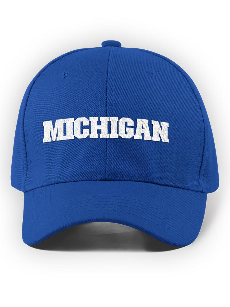 a blue hat with white text