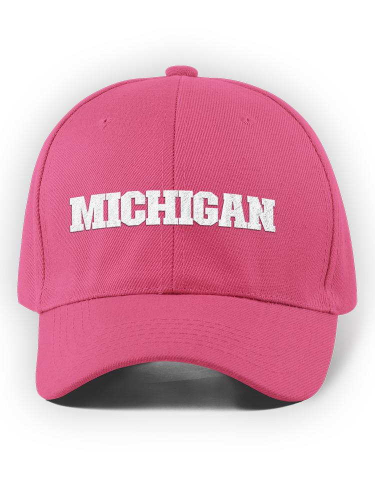 a pink hat with white text