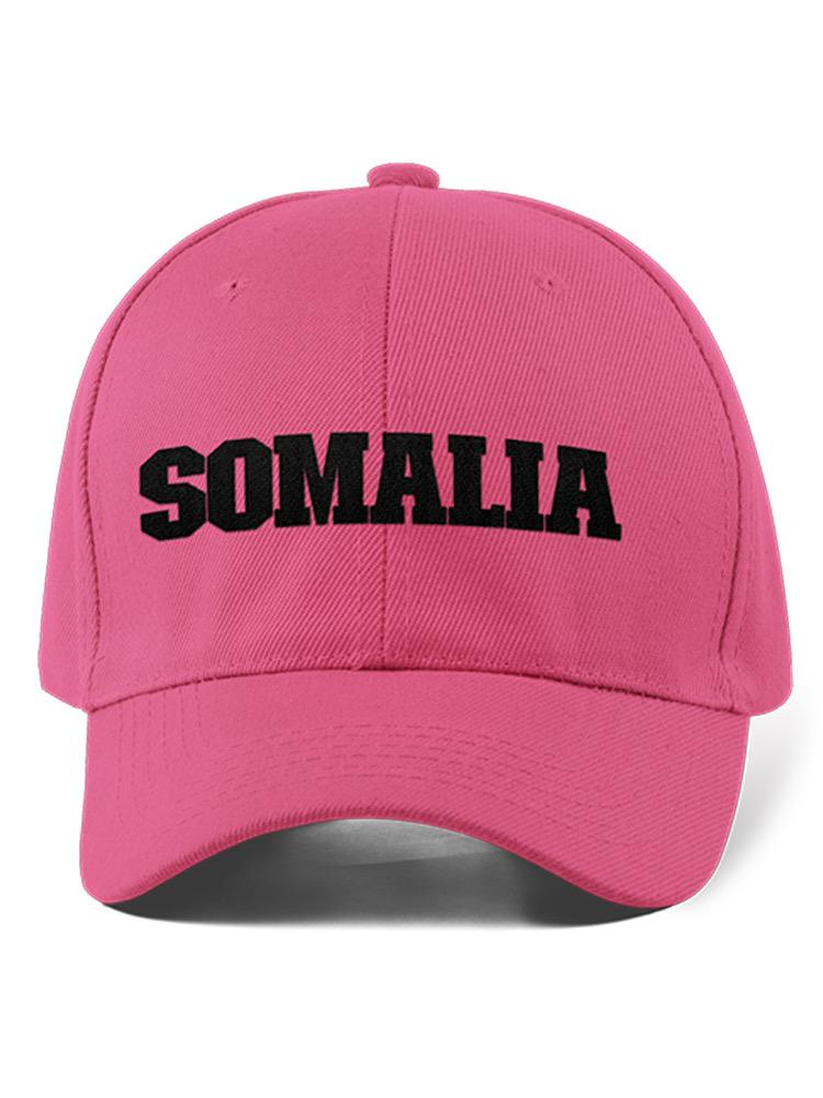 a pink hat with black text