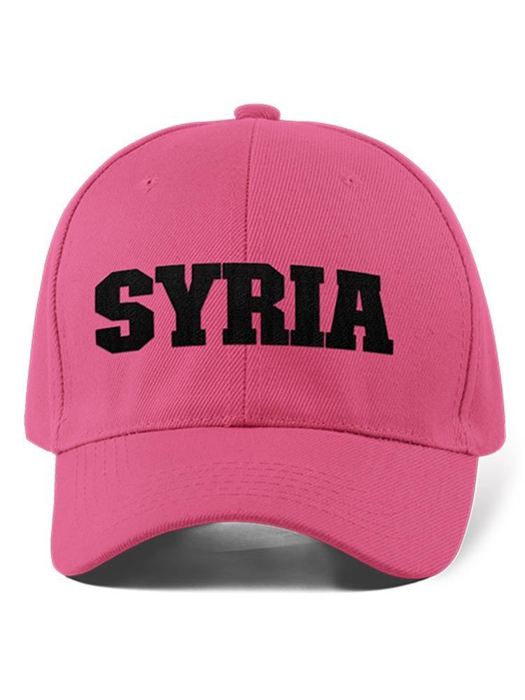 a pink hat with black text