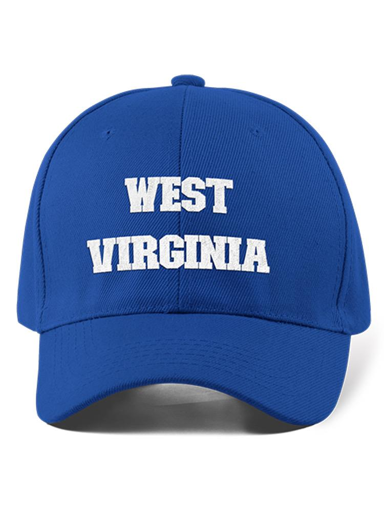 a blue hat with white text