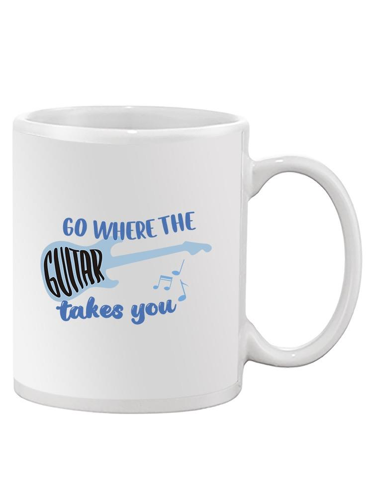 a white mug with blue text