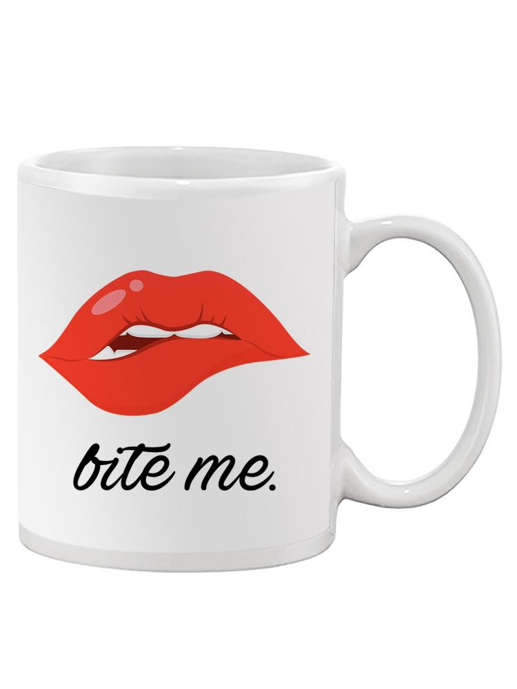 a white mug with a red lips on it