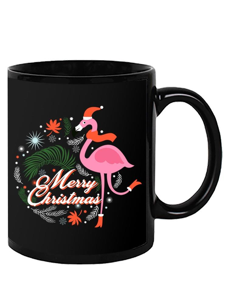 a black mug with a flamingo on it