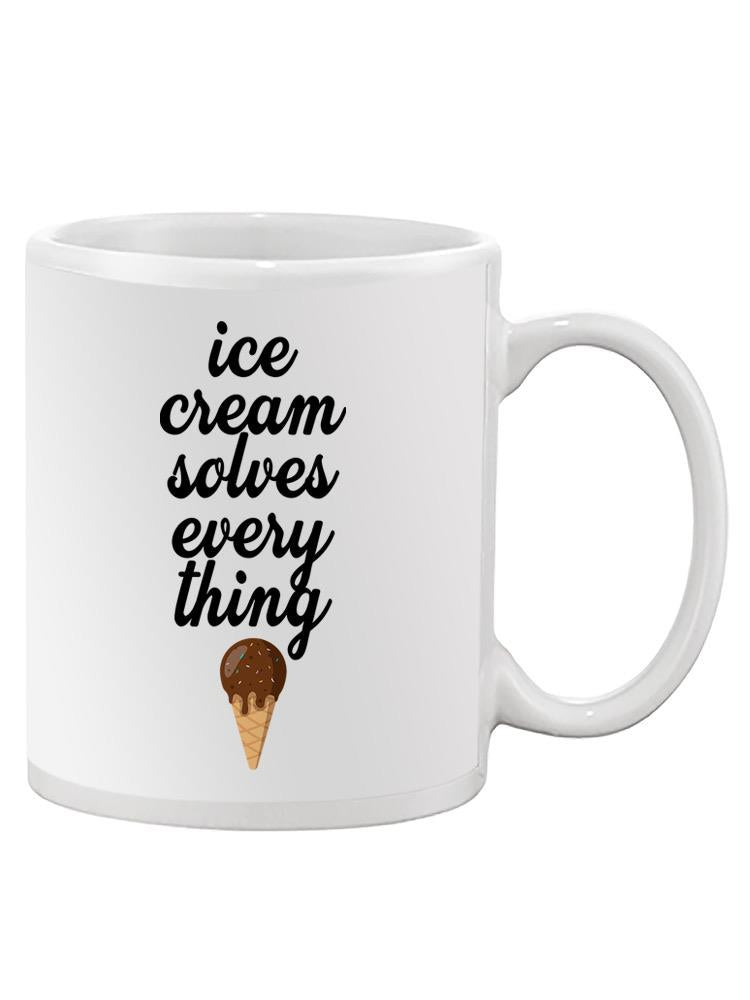 a white mug with a picture of a ice cream cone and text