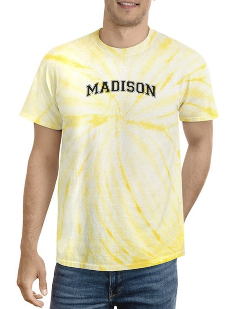 a man wearing a tie dye shirt