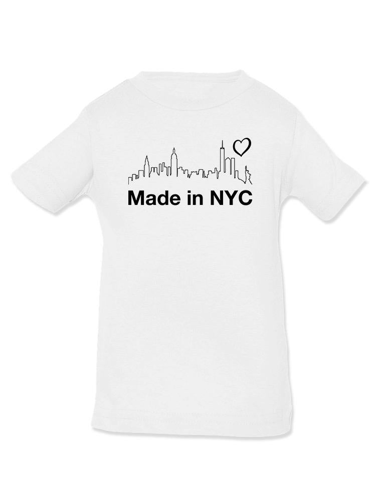 a white shirt with a city skyline and text