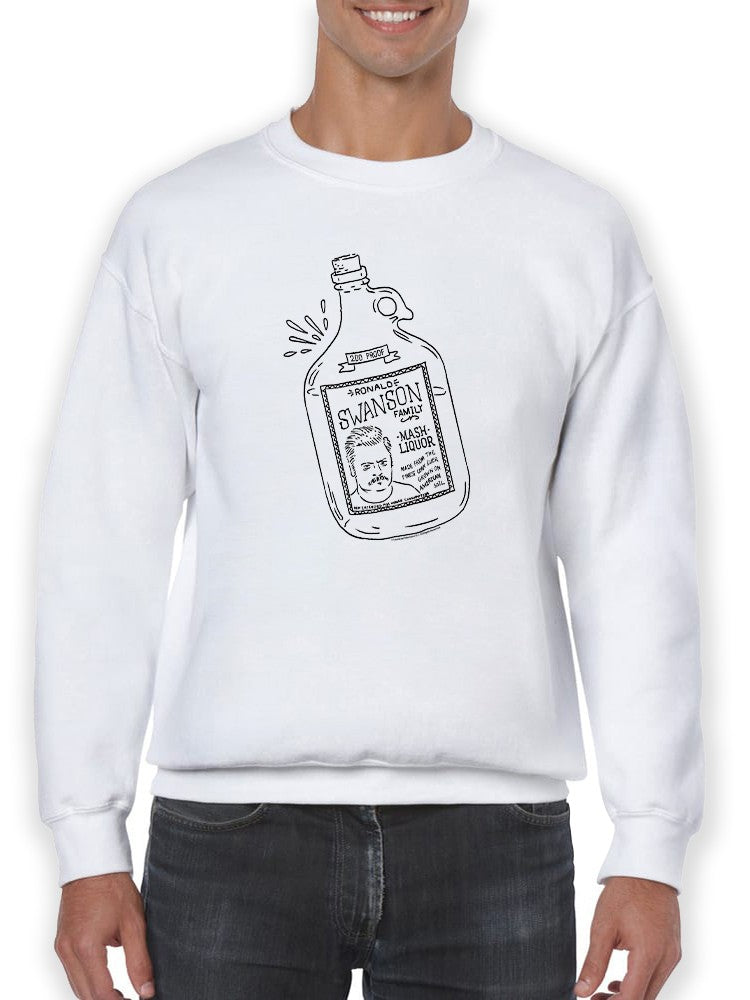 a person wearing a white sweatshirt with a bottle on it