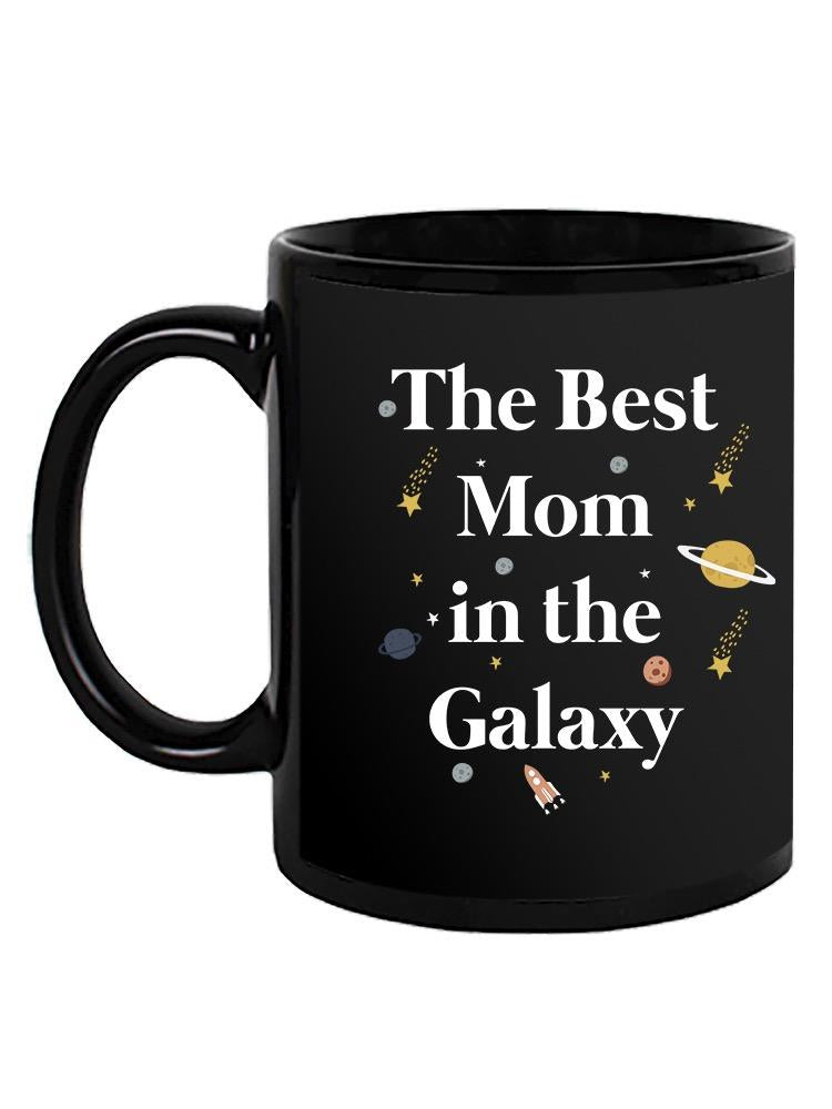 a black mug with white text