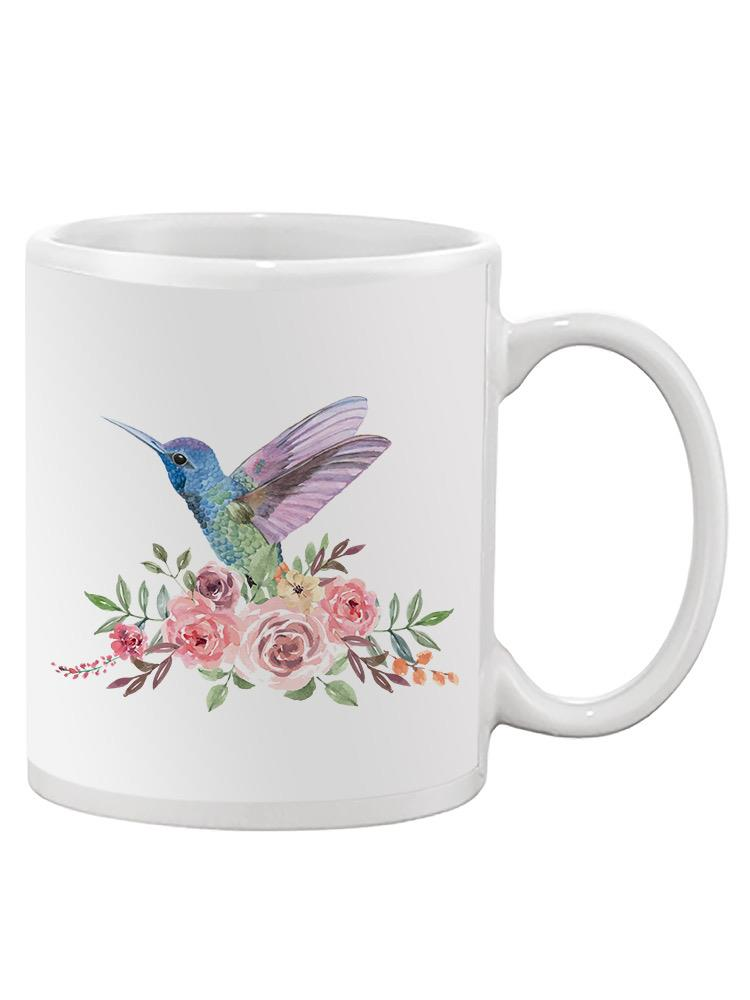 a white mug with a hummingbird on it