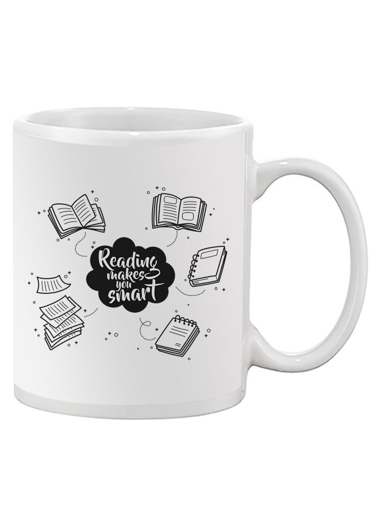 a white mug with black text and images on it