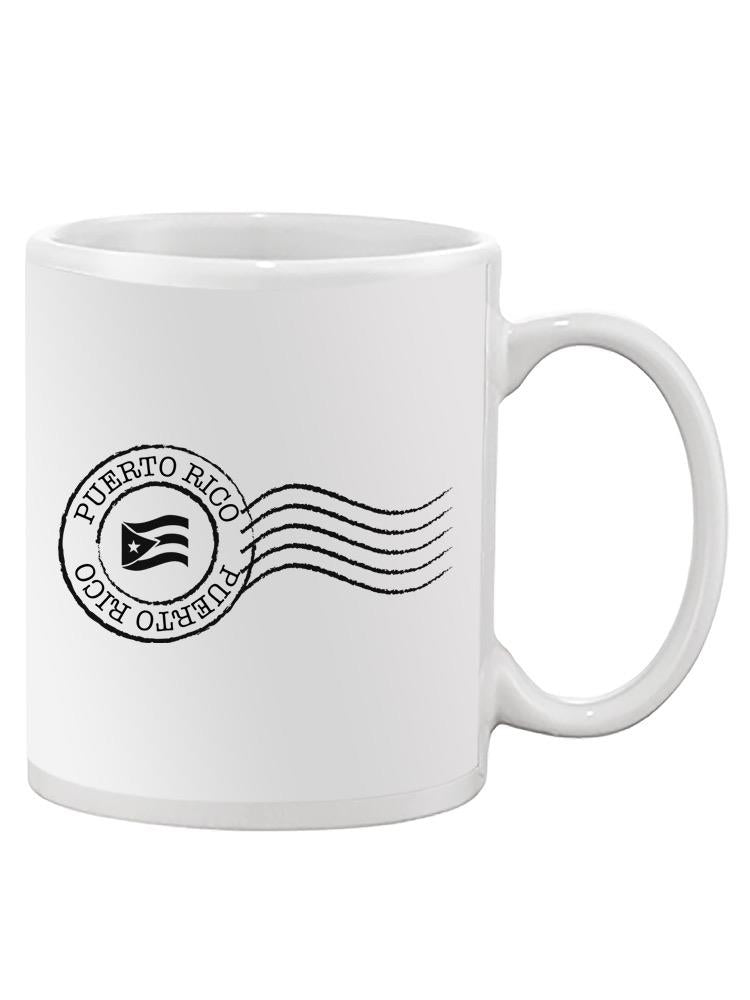 a white mug with a stamp on it