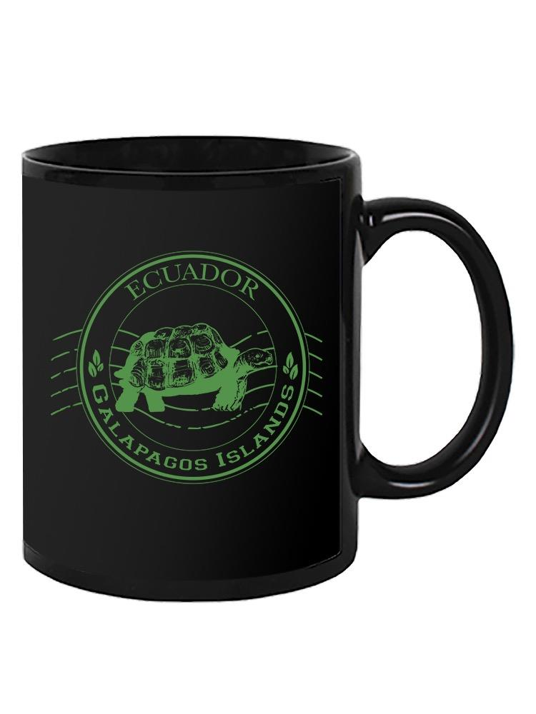 a black mug with a green logo