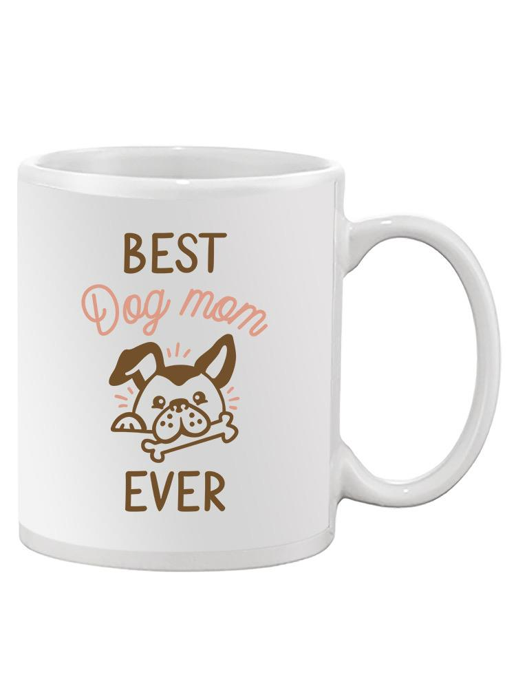 a white mug with a dog and text