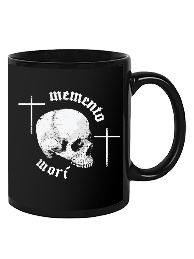 a black mug with a skull and cross on it