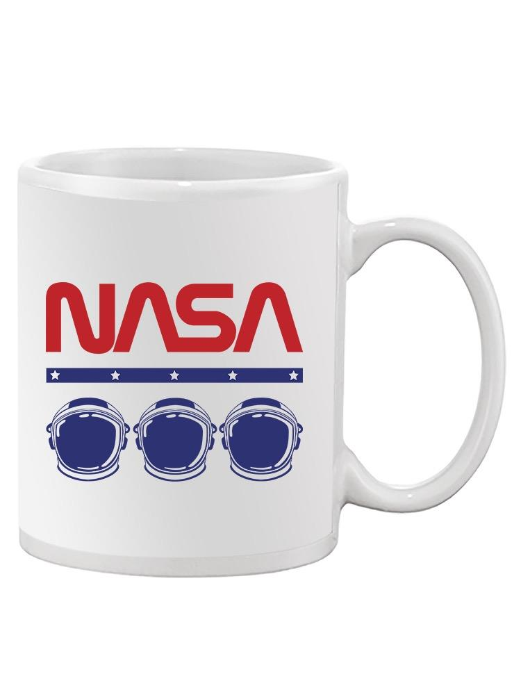 a white mug with red and blue text