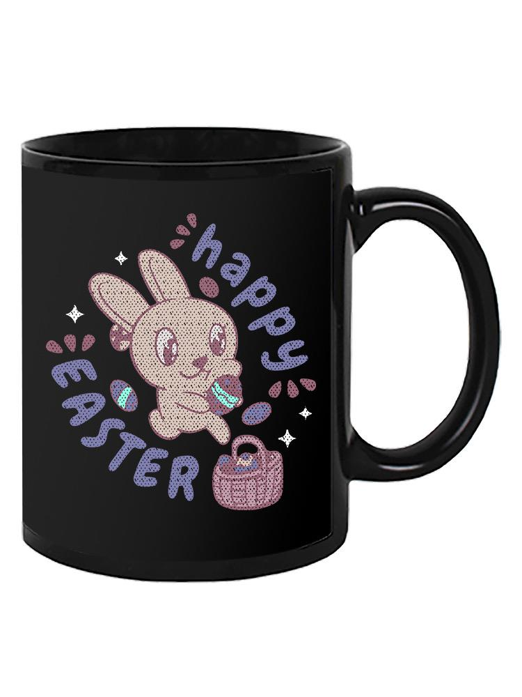 a black mug with a cartoon rabbit and eggs
