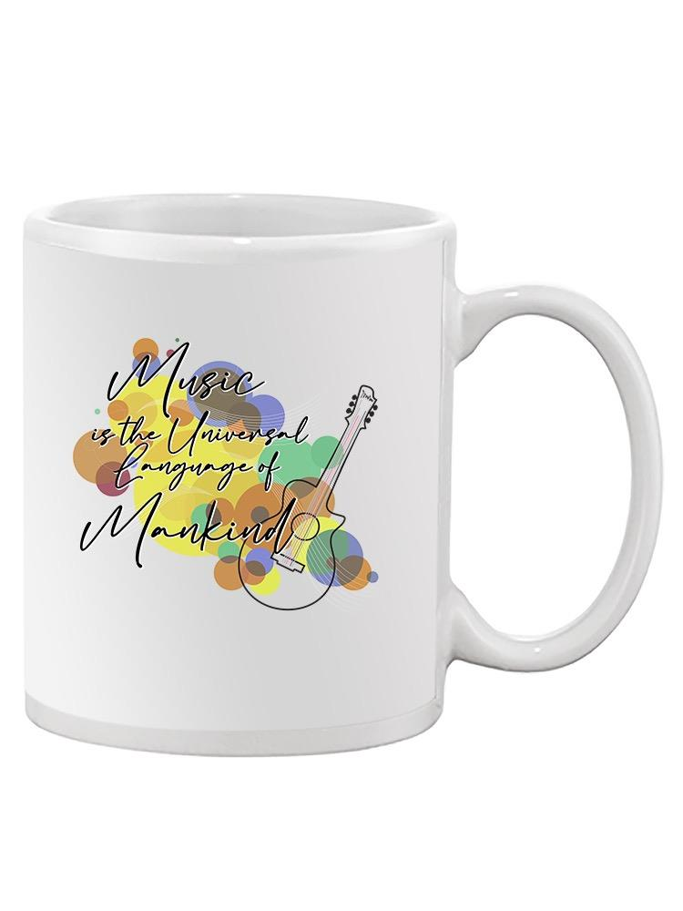 a white mug with a guitar and colorful circles