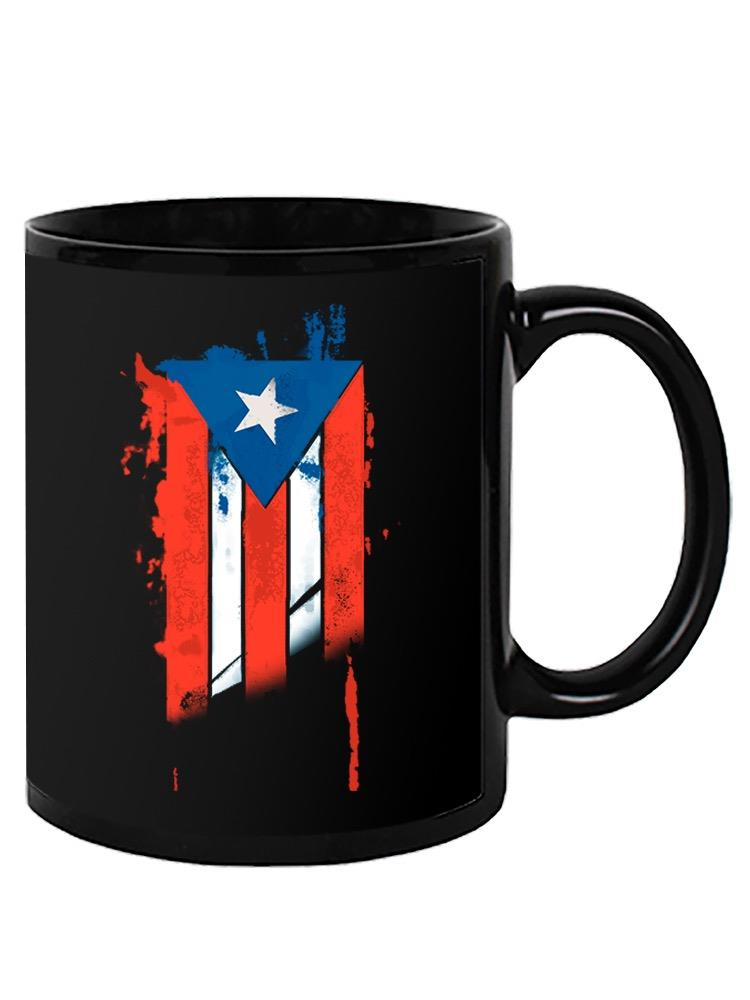 a black mug with a flag on it