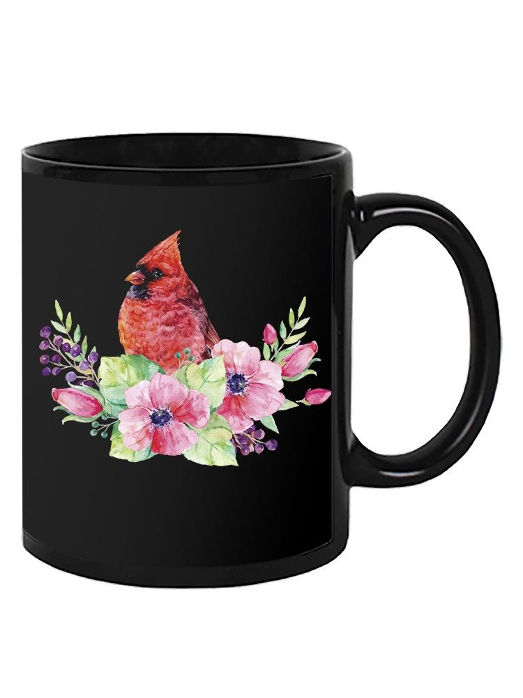 a black mug with a bird on it
