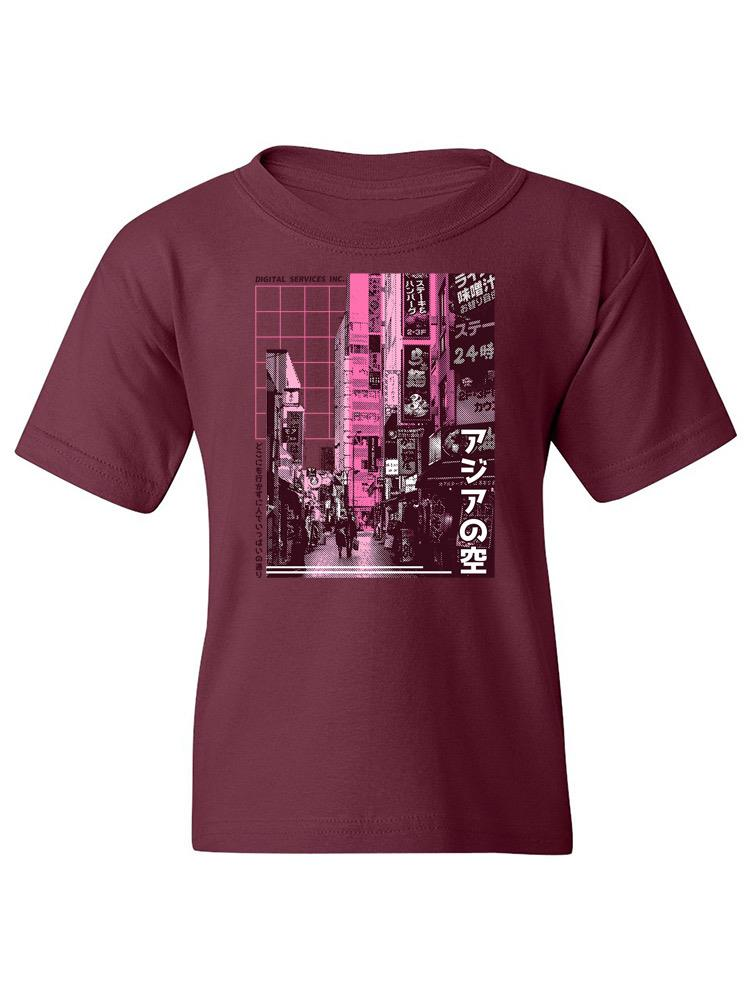 a maroon t-shirt with a graphic design on it