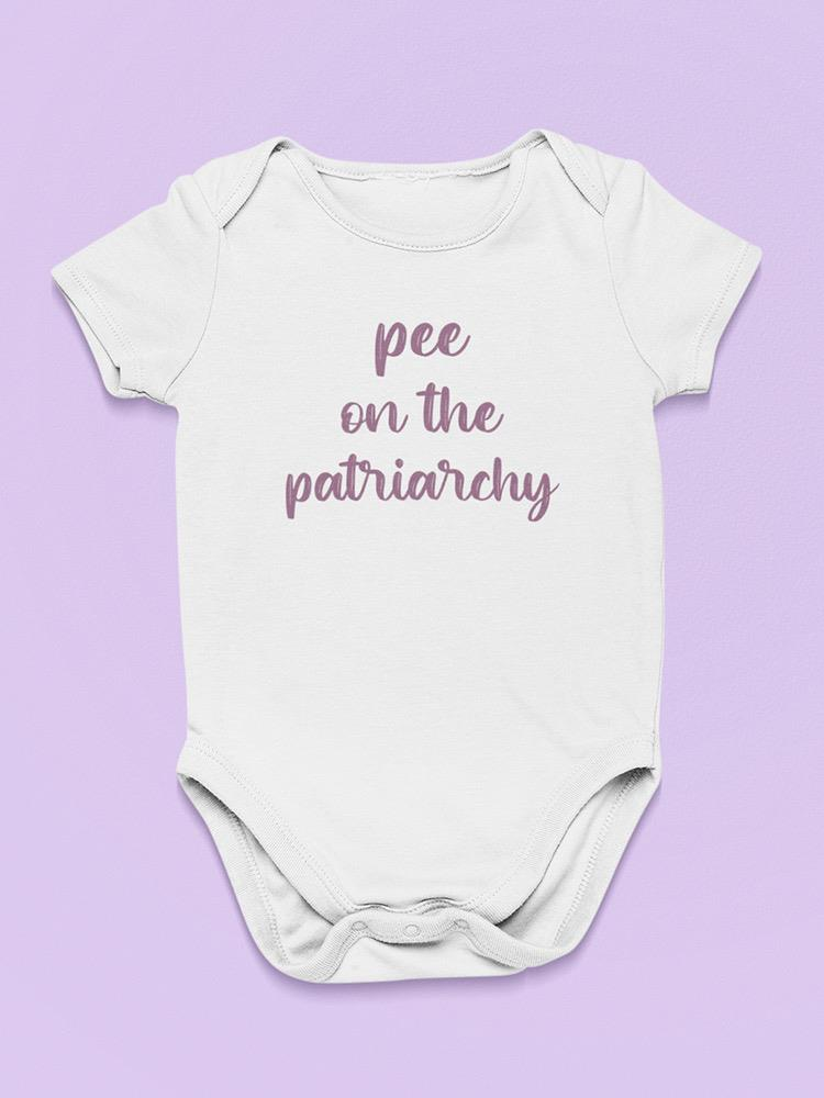 a white baby bodysuit with purple text