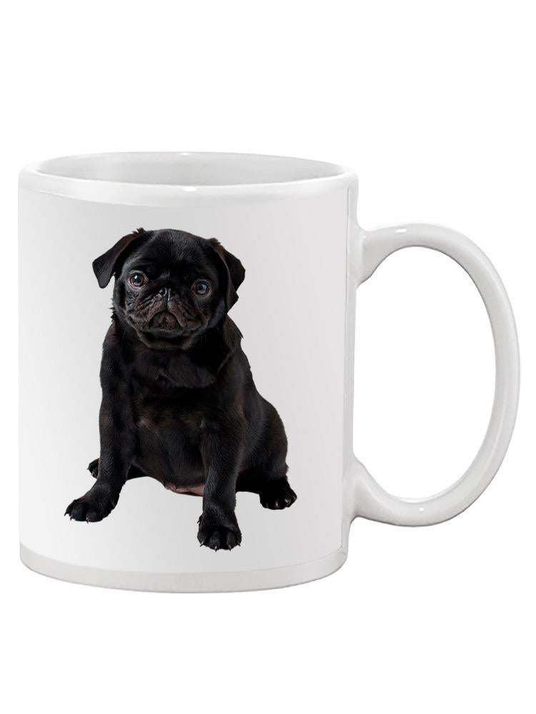 a white mug with a black dog on it