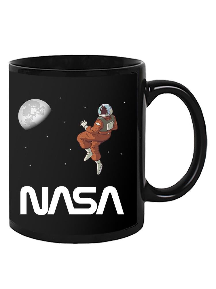 a black mug with a astronaut in space