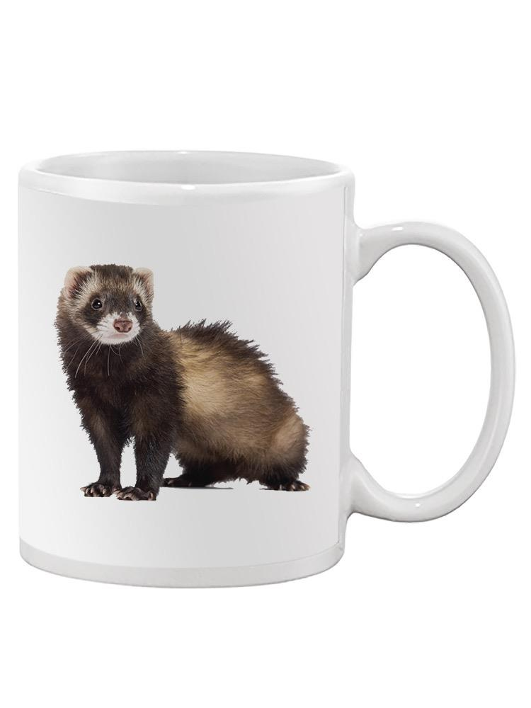 a white mug with a ferret on it