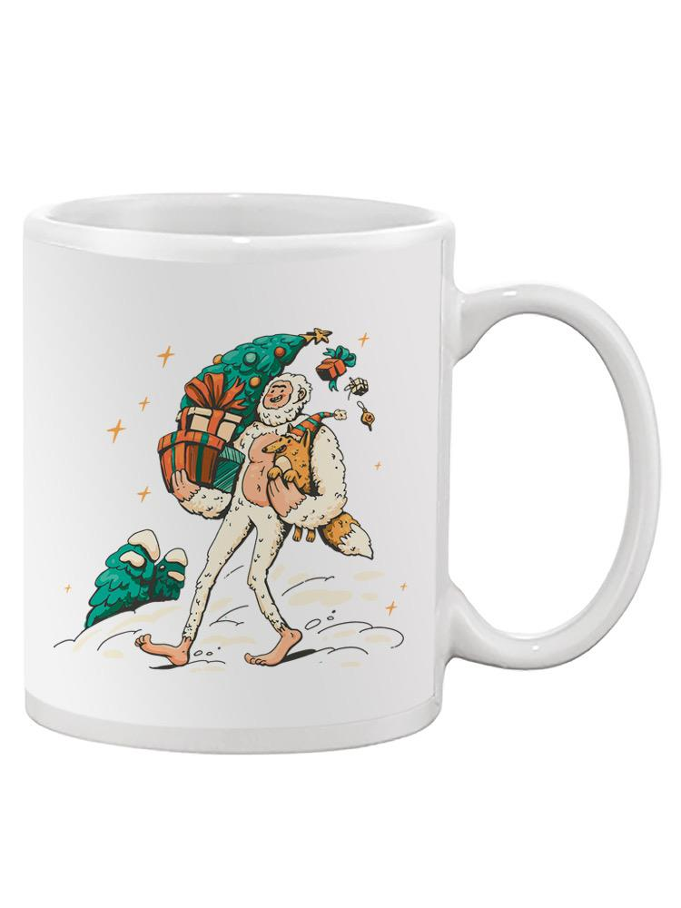 a white mug with a cartoon character carrying a christmas tree