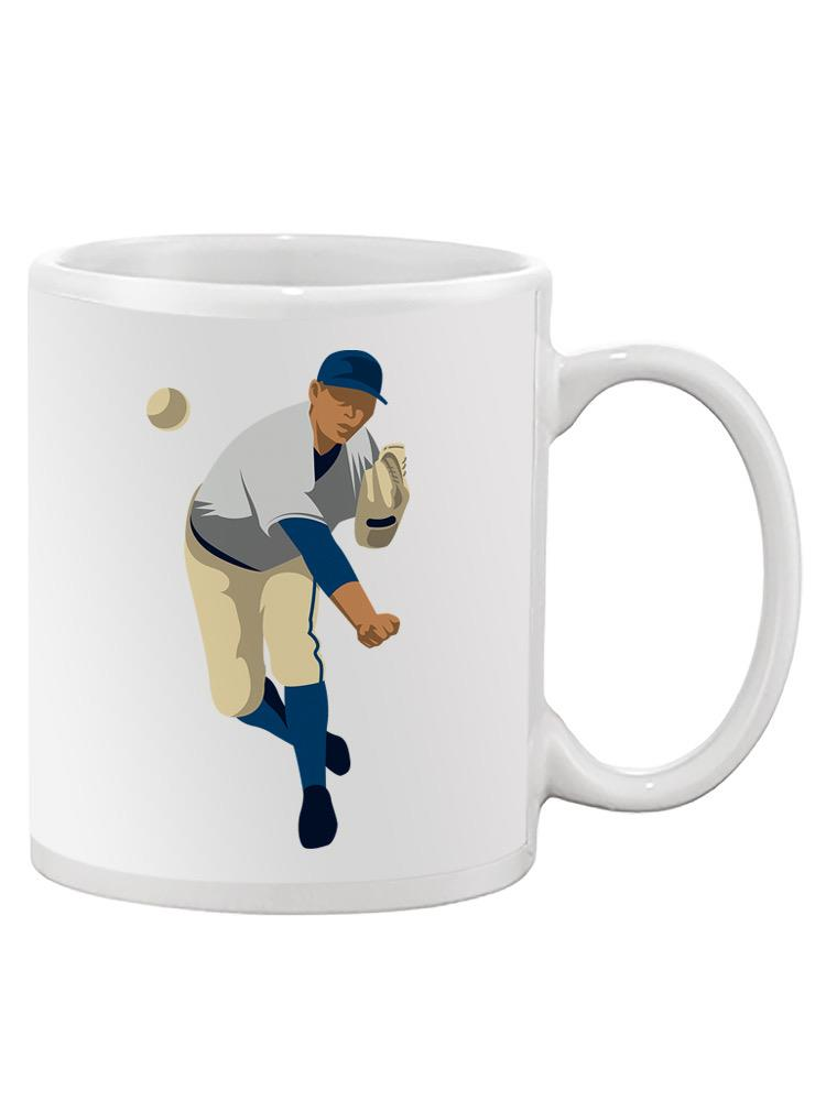 a white mug with a baseball player in the air