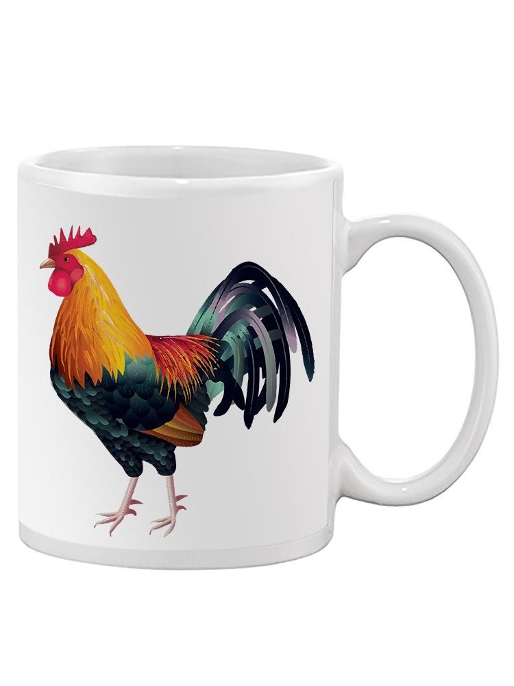 a white mug with a rooster on it