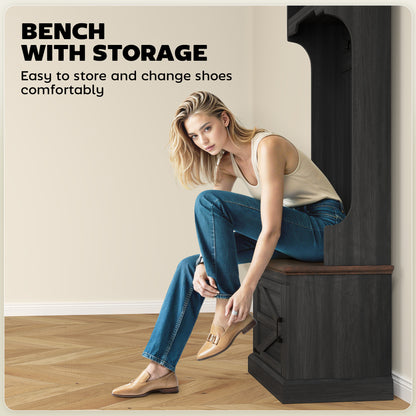 3-in-1 Hall Tree With Shoe Storage, Coat Rack With Bench, Entryway Furniture With Five Hooks, Black Wood Grain