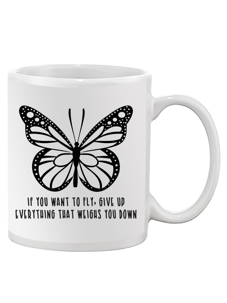 a white mug with a butterfly on it
