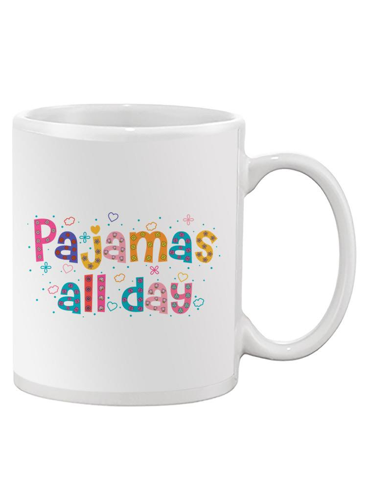 a white mug with colorful text