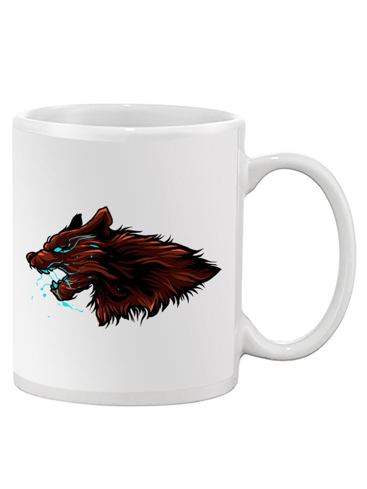 a white mug with a wolf head