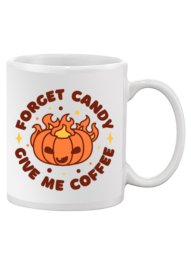 a white mug with a pumpkin and text
