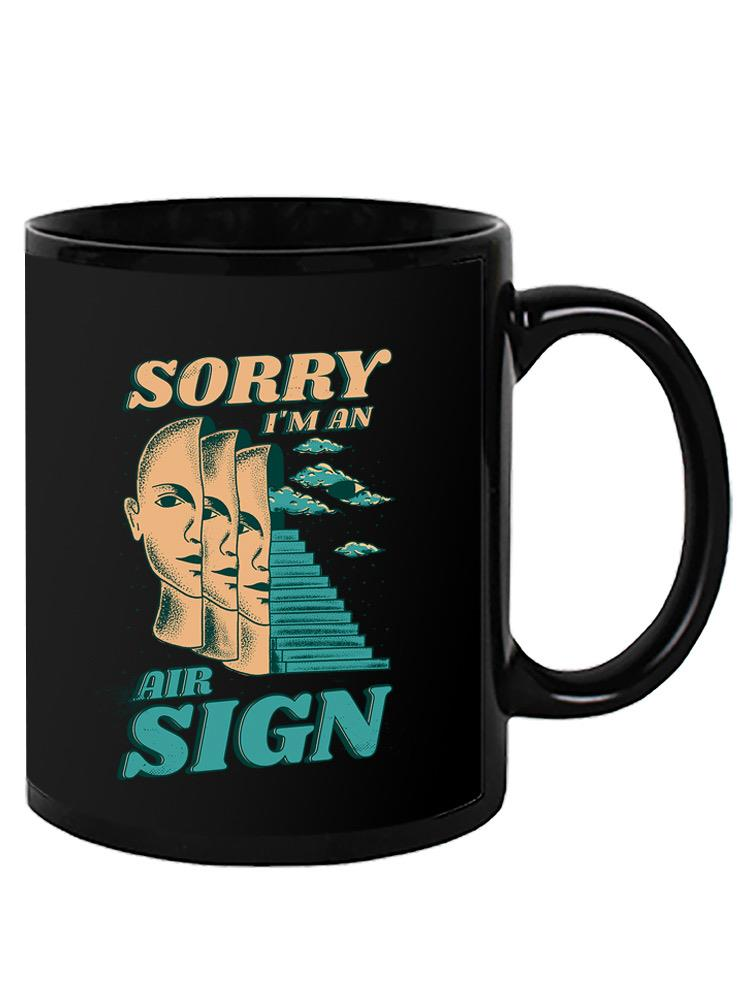 a black mug with a black handle and a black text