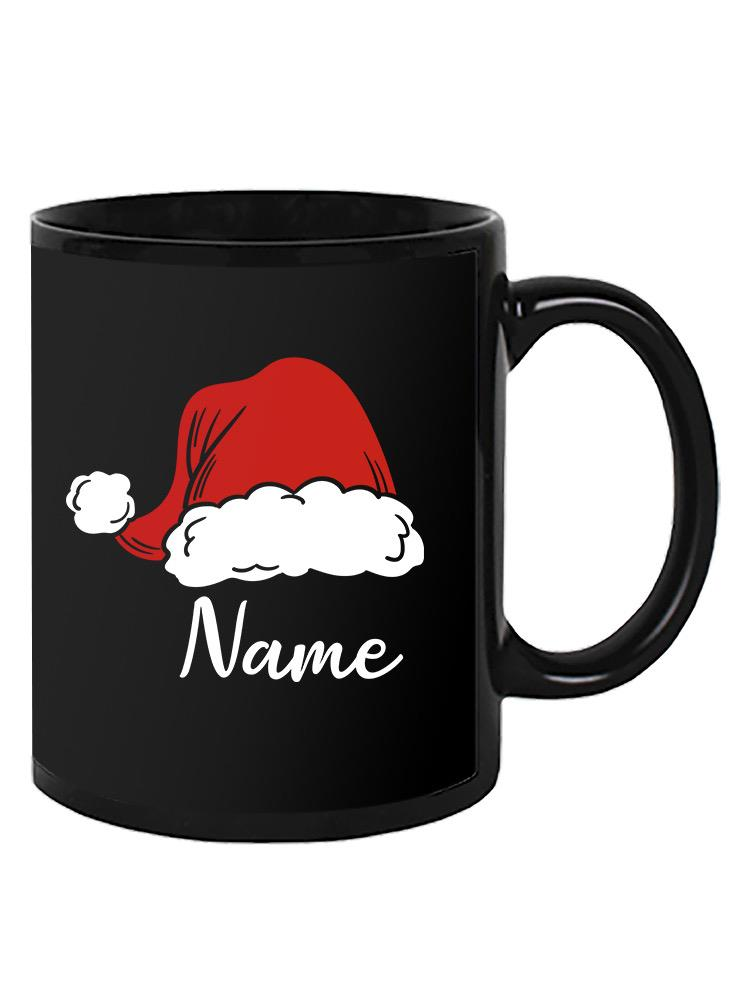 a black mug with a red hat and white text