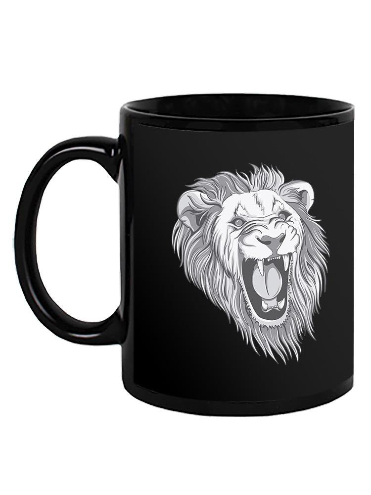 a black mug with a lion head on it