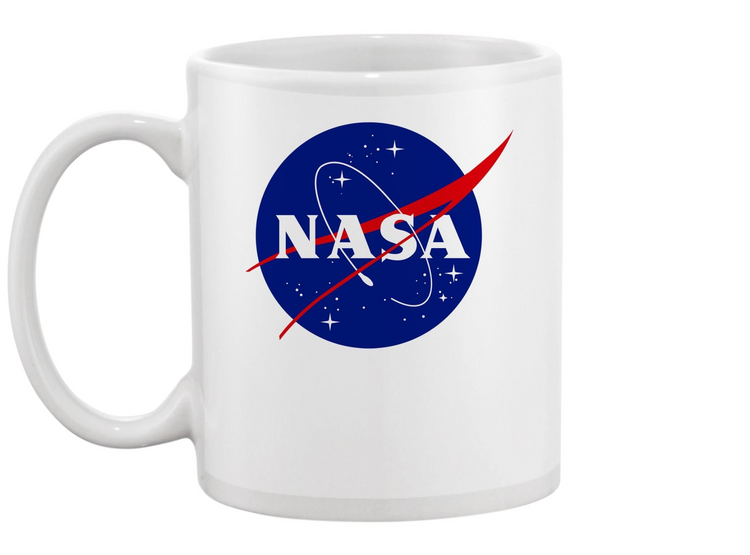 a white mug with a logo on it