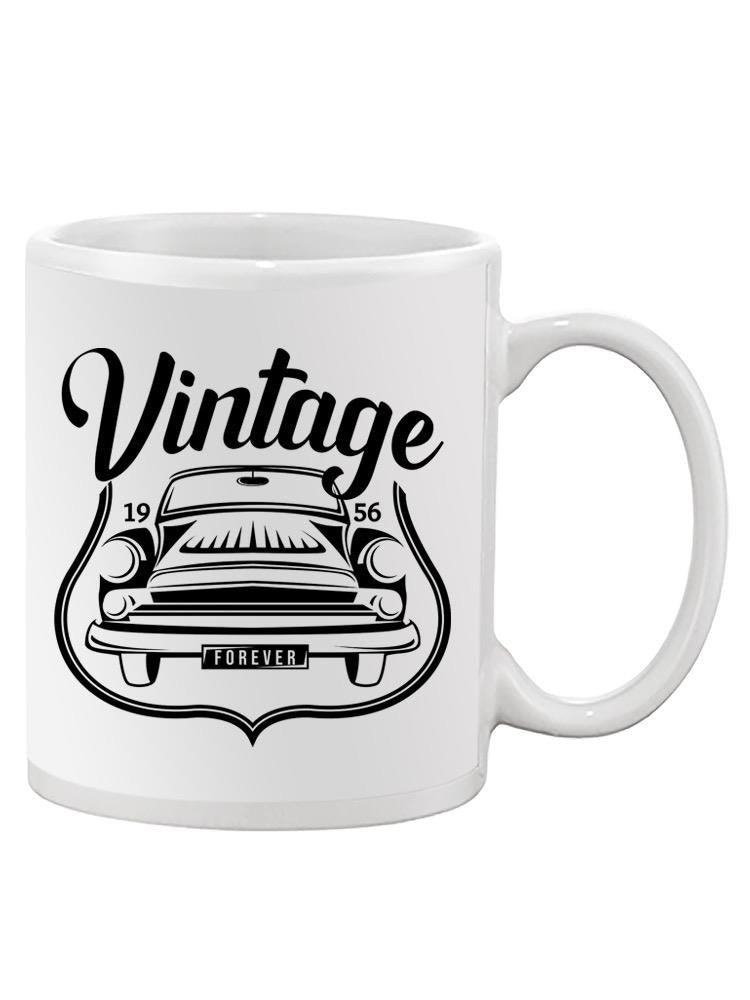a white mug with a car on it