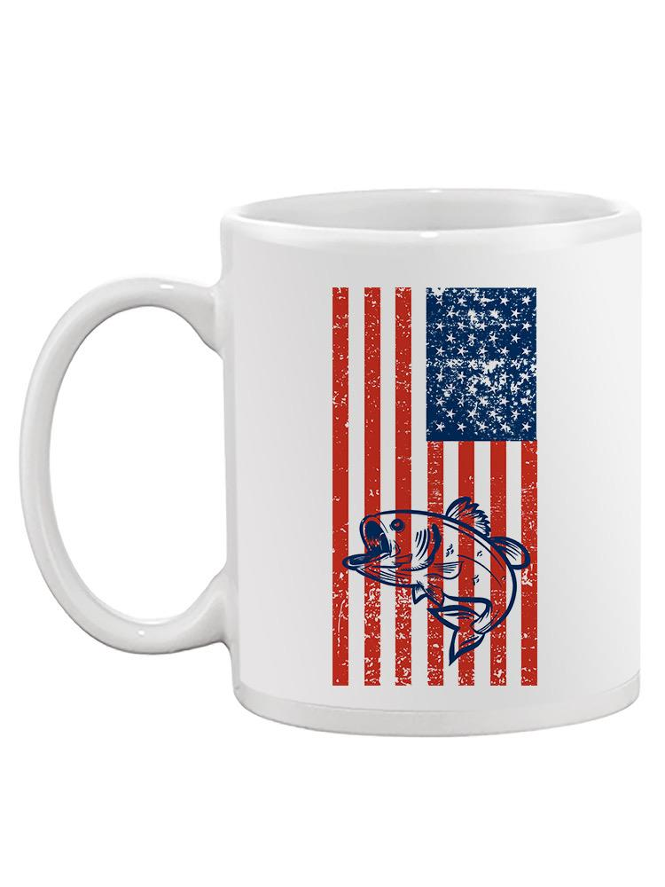 a white mug with a flag and a fish