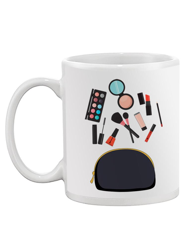 a white mug with makeup items on it